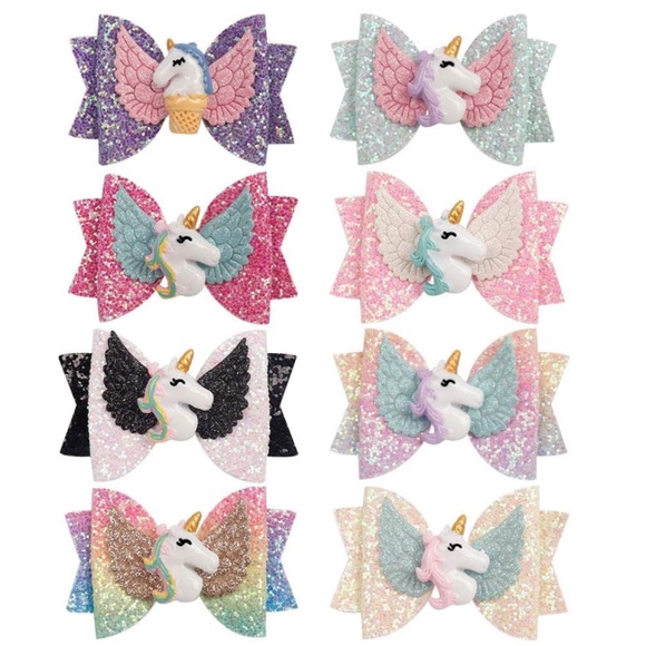 8 Pcs Glitter Unicorn Hair Bows For Girls - Picture 1 of 6